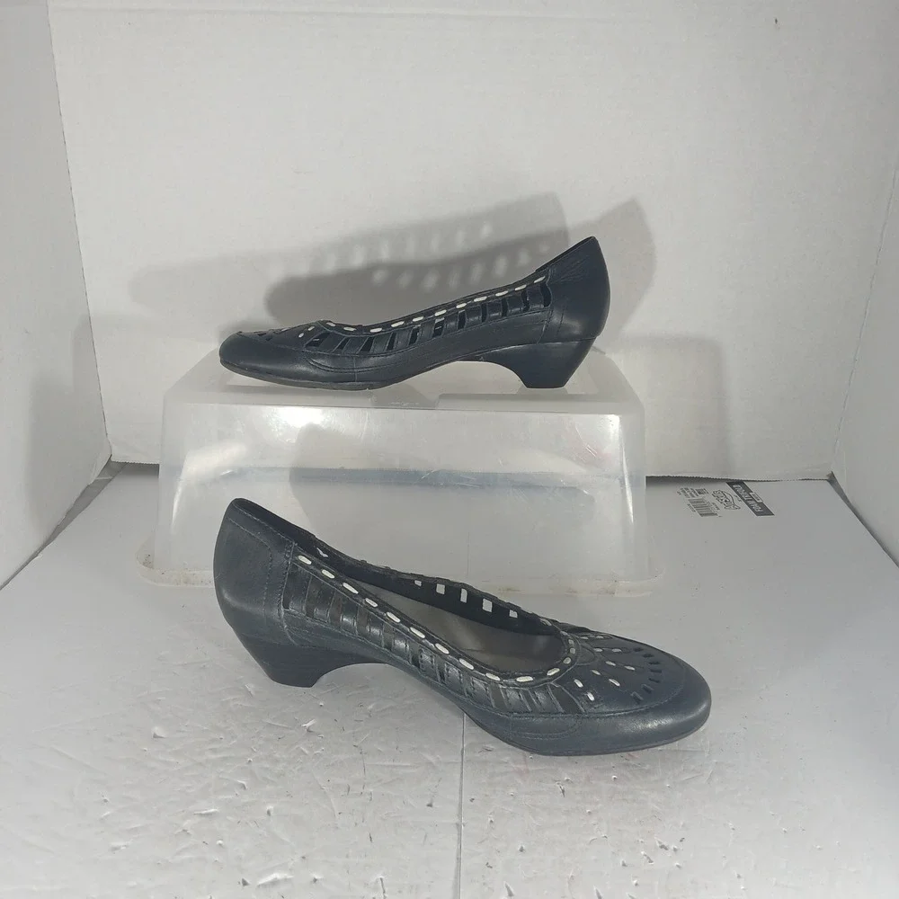 Strictly Comfort Wedge Pumps 6M Black Leather Laser Cut Out Low Heel Shoes